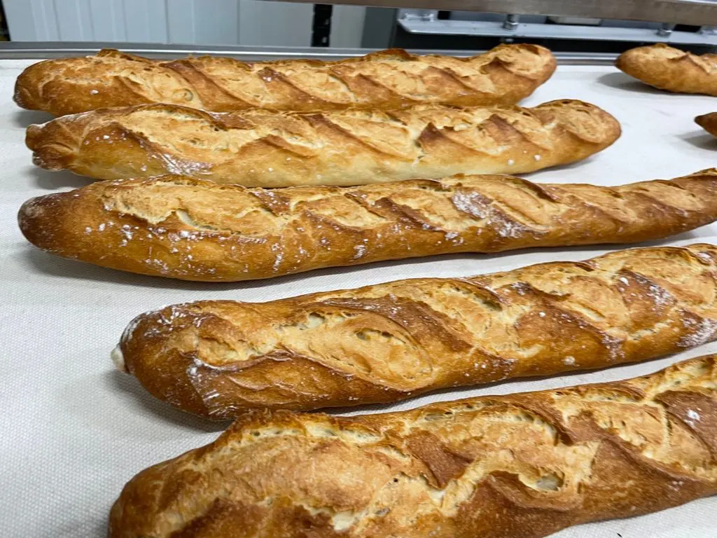 Varias barras de pan recién horneadas en una bandeja.