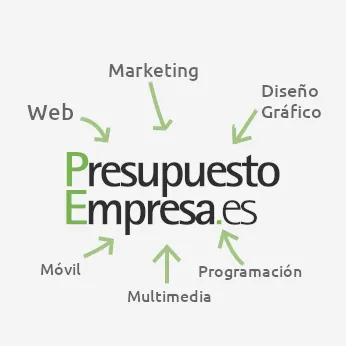Logotipo de Presupuesto Empresa rodeado de referencias a web, marketing, diseño gráfico, programación, multimedia y móvil.