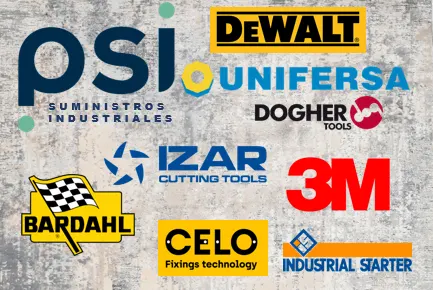 Logotipos de marcas de herramientas y suministros industriales distribuidas por PSI Suministros Industriales.