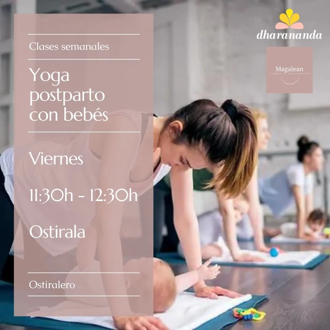Anuncio de clases semanales de yoga posparto con bebés en Ostirale.