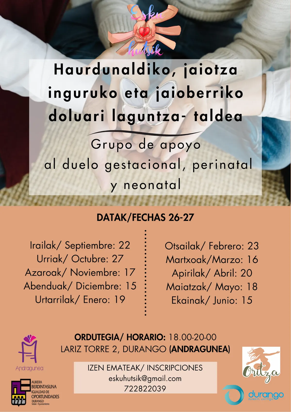 Cartel de un grupo de apoyo al duelo gestacional, perinatal y neonatal en Durango.