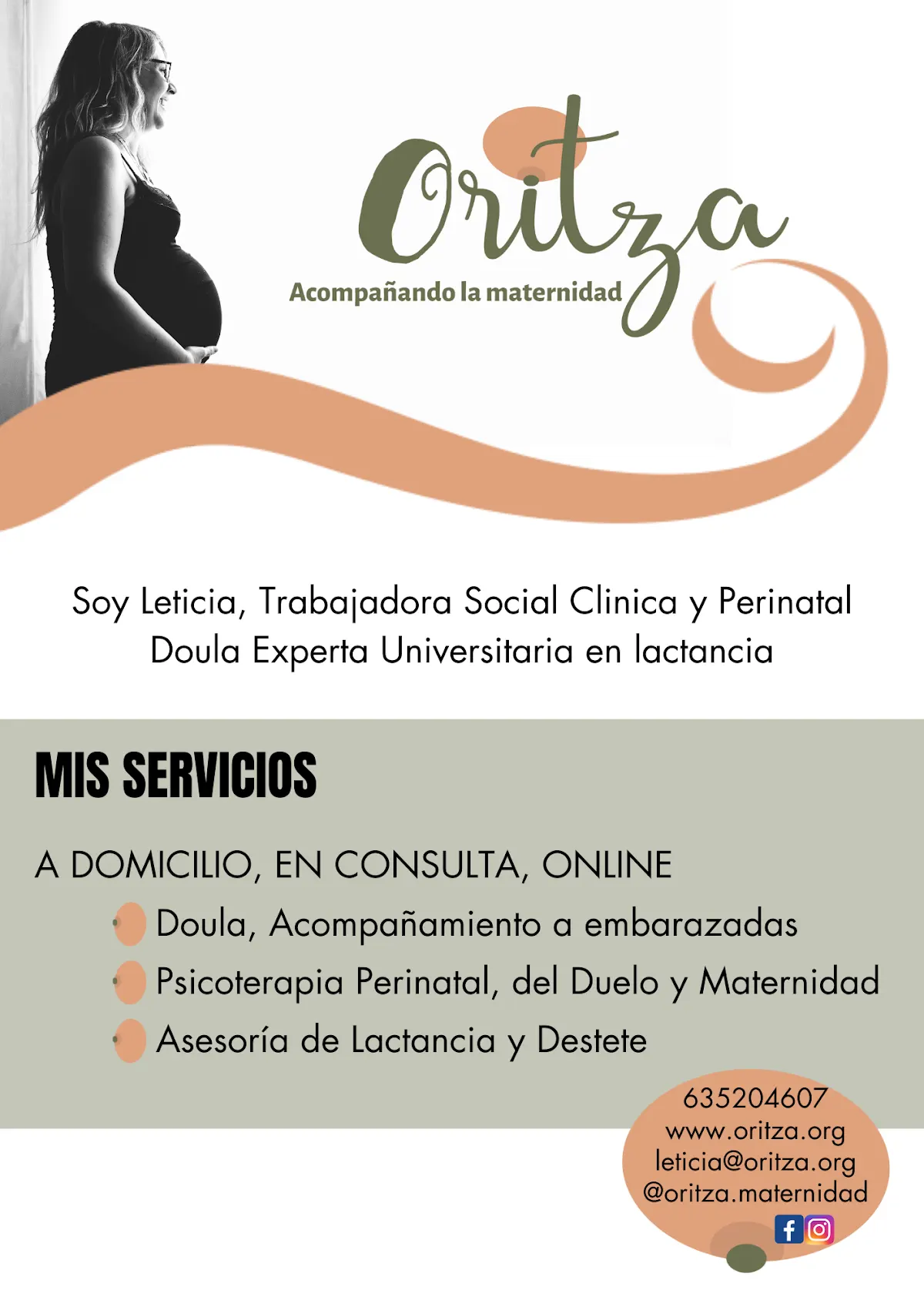 Cartel de Oritza con los servicios de acompañamiento a la maternidad de Leticia Calvete.