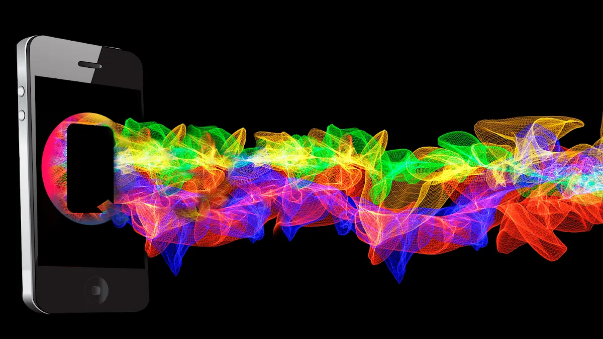 Teléfono móvil junto a una representación gráfica de ondas de colores