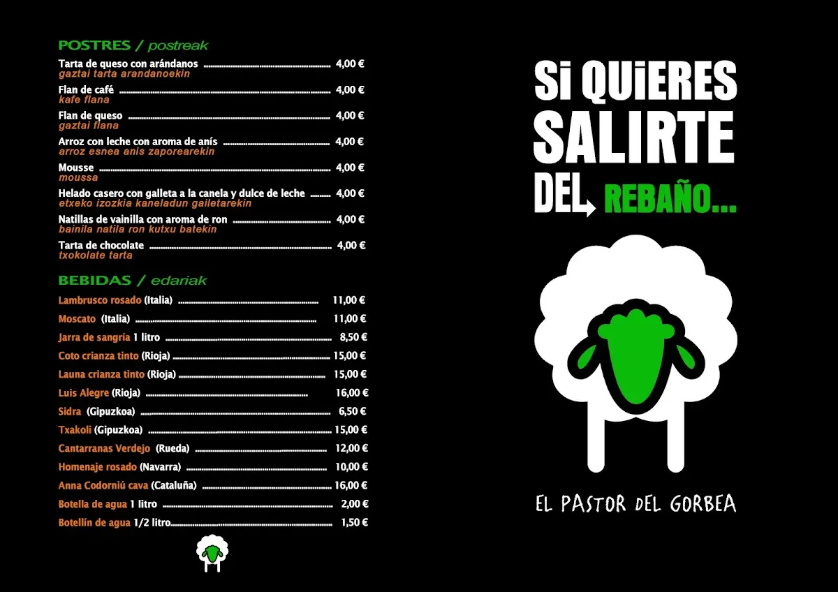 Imagen promocional de El Pastor del Gorbea junto a parte de su carta de postres y bebidas.