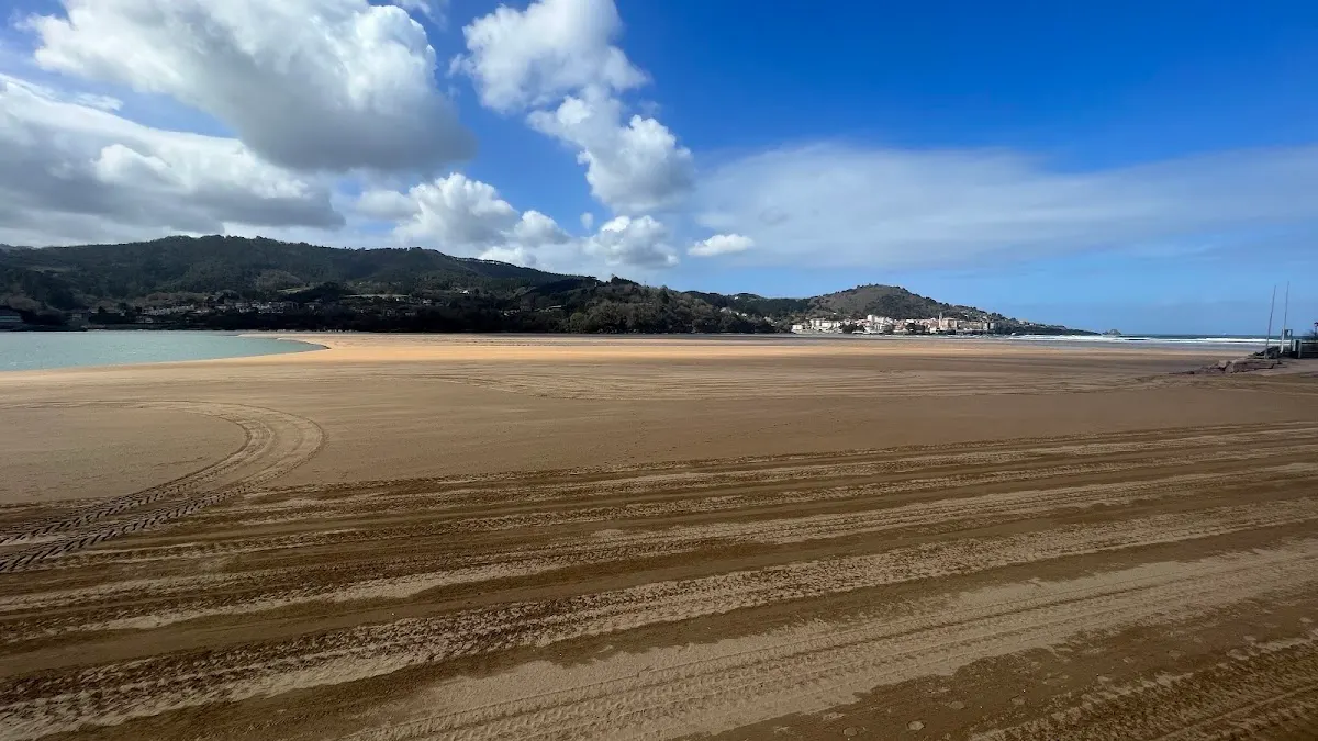Playa amplia junto a un paisaje de colinas y cielo despejado.