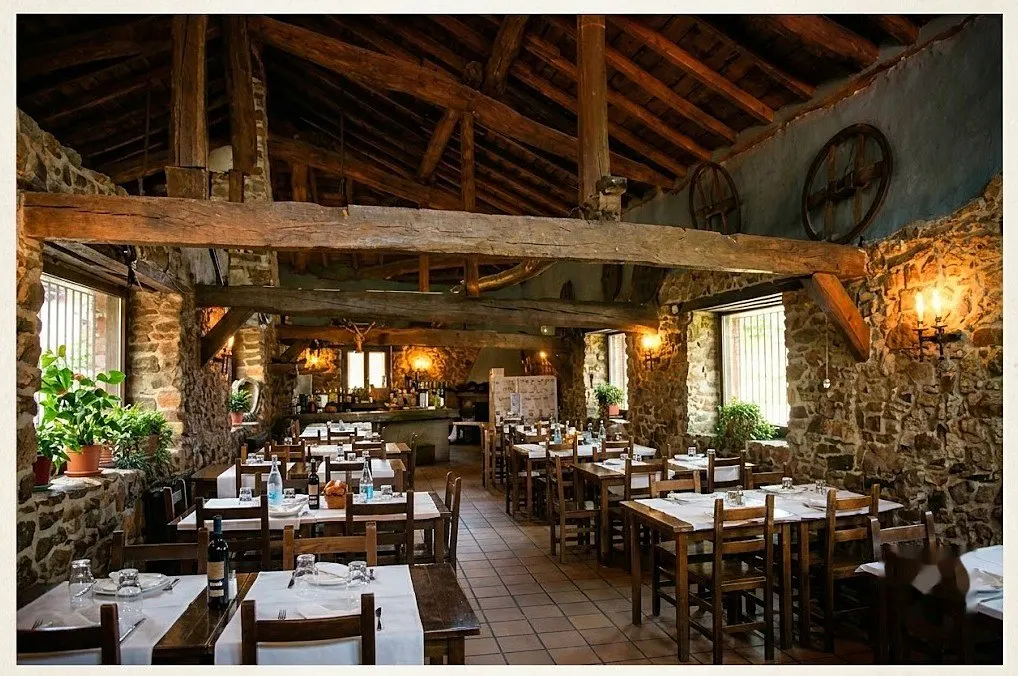 Comedor del restaurante Korostondo Jatetxea en un caserío de piedra, con vigas de madera y mesas preparadas.