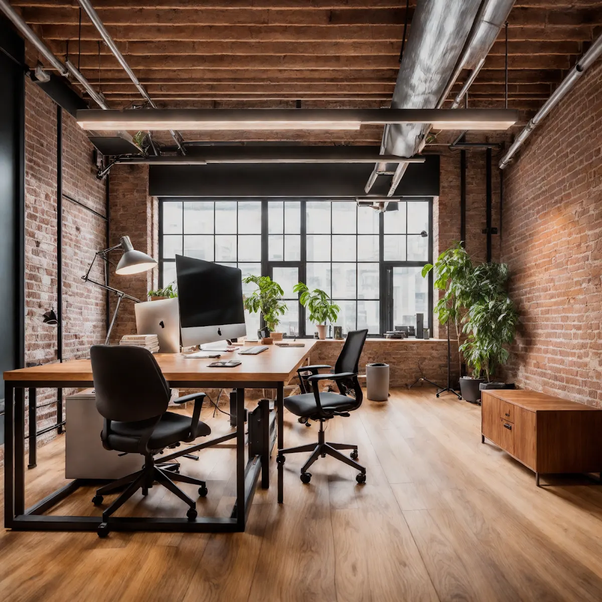 Oficina con mobiliario de madera, ordenadores y plantas