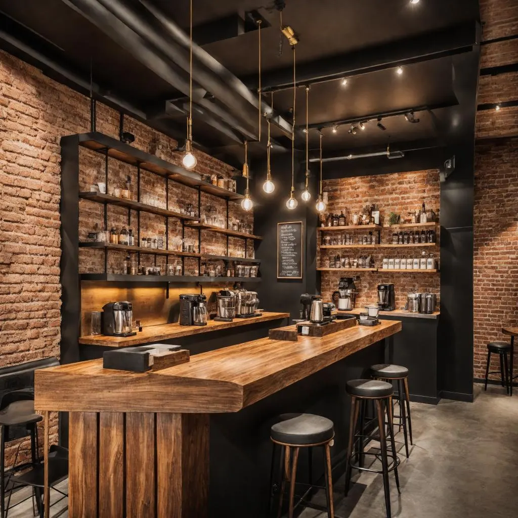 Espacio de trabajo con mostrador de madera y estanterías