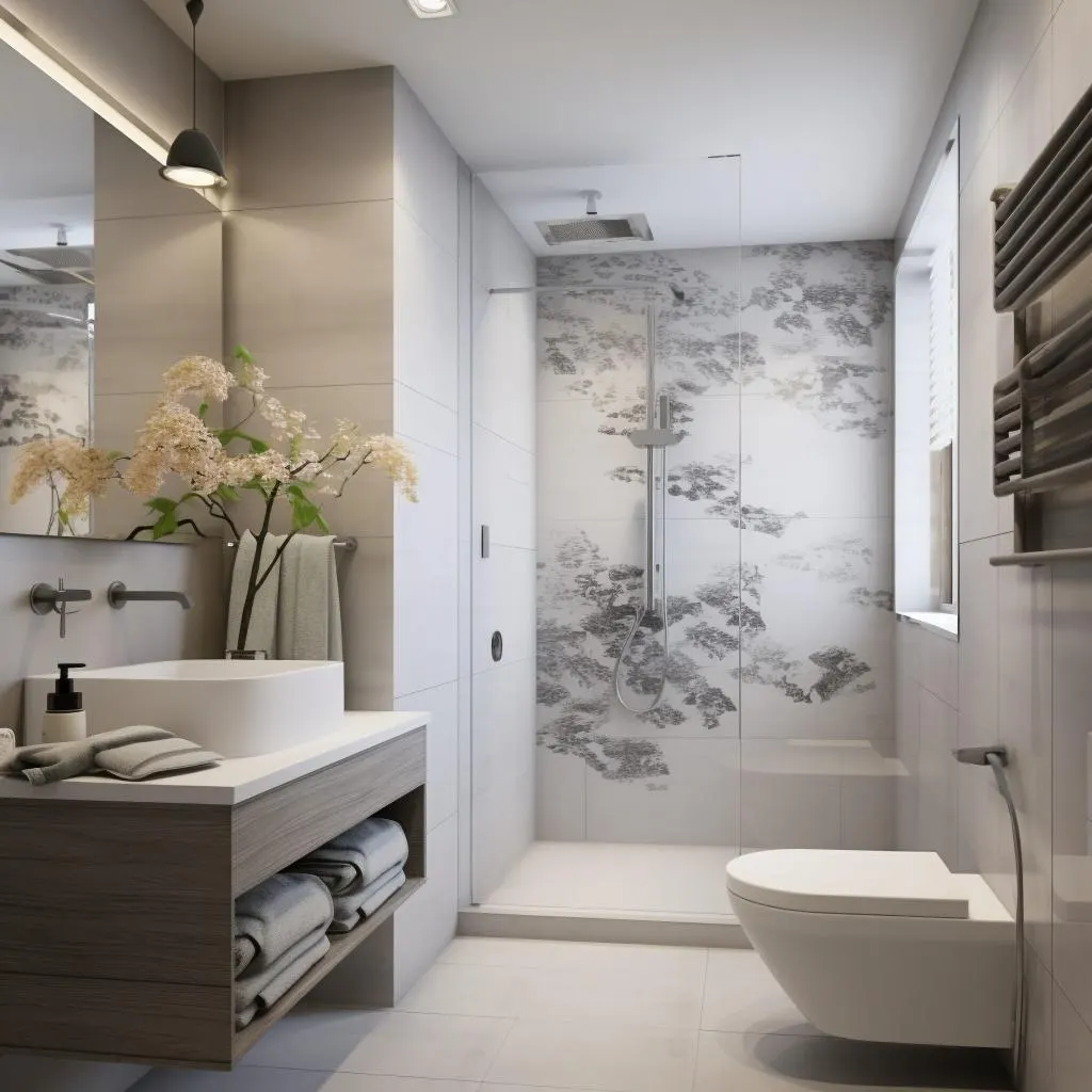 Cuarto de baño reformado con ducha, lavabo y revestimientos claros