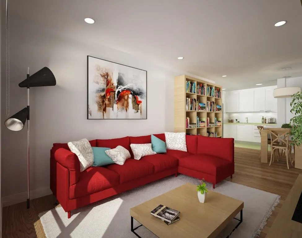 Salón moderno con sofá rojo y zona de estar; imagen asociada a Rocha e Hijos.