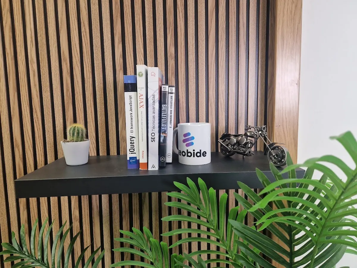 Estantería de la oficina de Seobide con libros y una taza con su logotipo