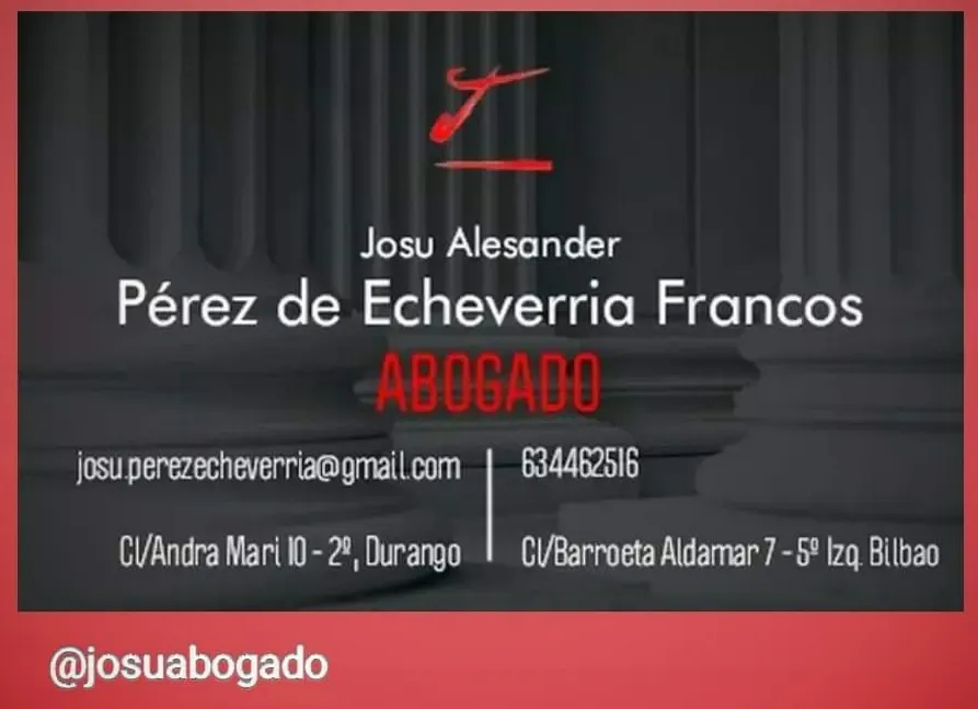 Tarjeta de contacto de Josu Alexander Pérez de Echeverría Francos, abogado.