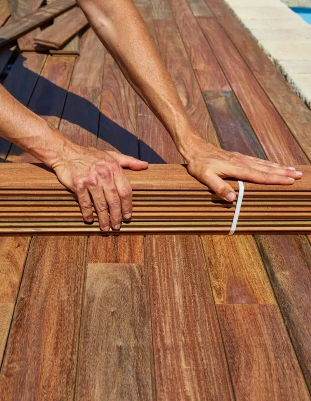 Manos sujetando listones de madera sobre un suelo de tarima, en una imagen asociada a Theo's Art Carpintería.