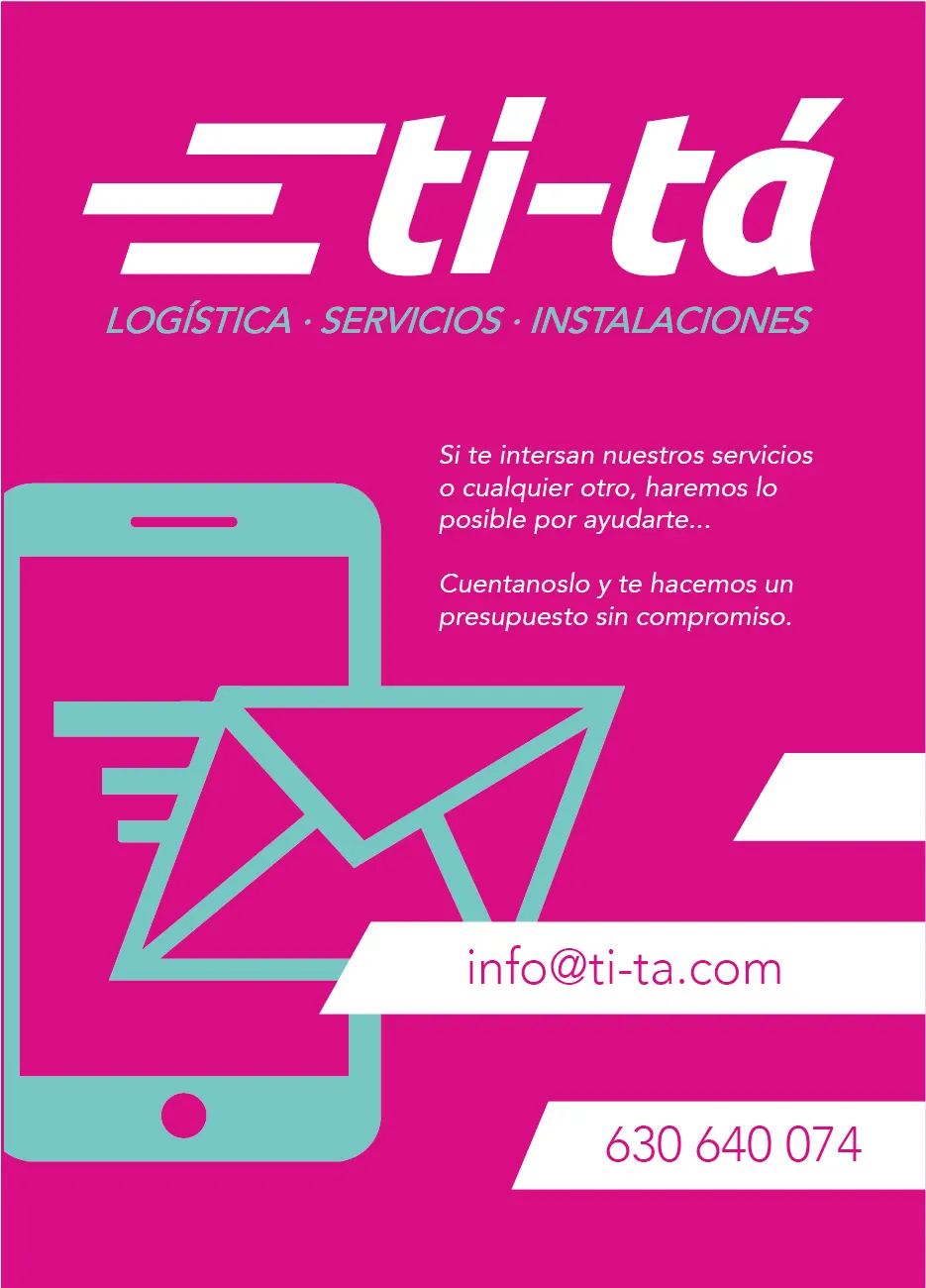 Anuncio de Ti-Tá con información de logística, servicios e instalaciones y un icono de correo y teléfono