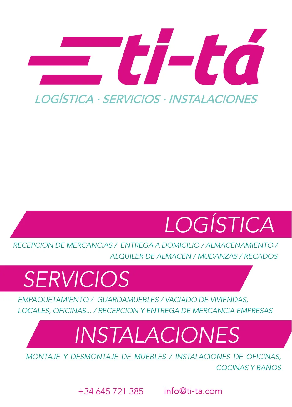 Folleto de Ti-Tá con servicios de logística, mudanzas, almacenaje e instalaciones