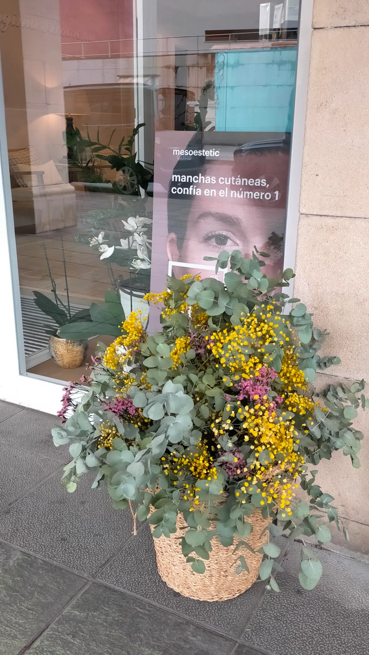 Entrada de Virginia Ansorena con un cartel sobre tratamientos de manchas cutáneas y un arreglo floral.